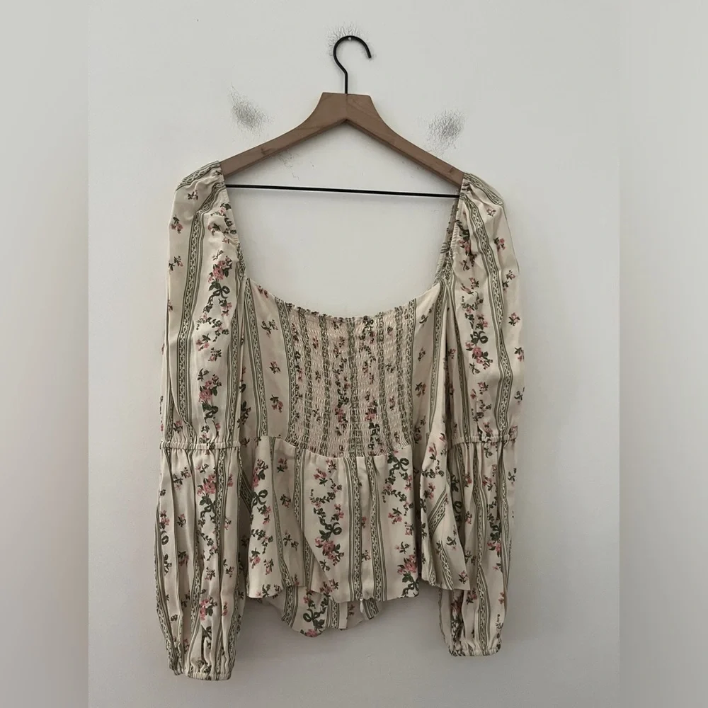 Reformation Cream Floral Peasant Blouse with Pink and Green Accents
